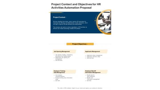 HR Activities Automation Proposal For Project Context And Objectives One Pager Sample Example Document