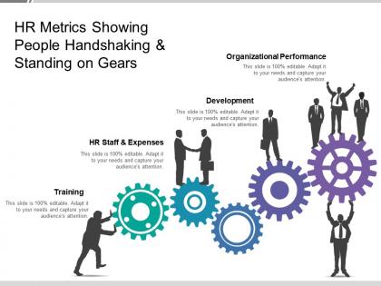 Hr metrics showing people handshaking and standing on gears