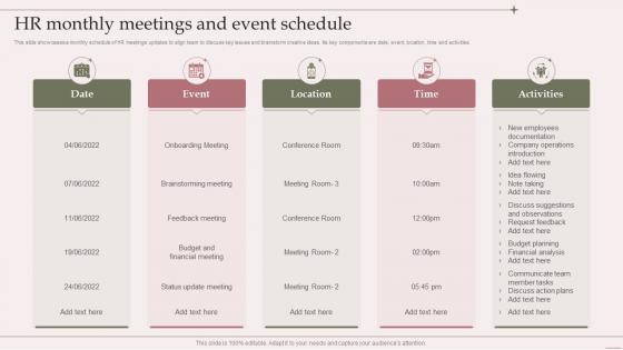 HR Monthly Meetings And Event Schedule