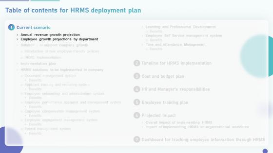HRMS Deployment Plan For Table Of Contents Ppt Powerpoint Presentation File Display