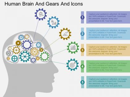 Human brain and gears and icons flat powerpoint design