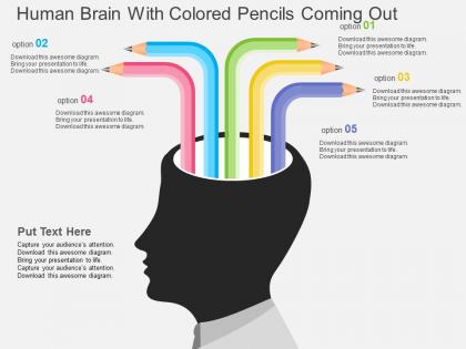 Human brain with colored pencils coming out flat powerpoint design