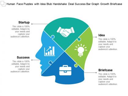 Human face puzzles with idea blub handshake deal success bar graph growth briefcase