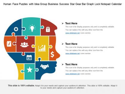 Human face puzzles with idea group business success star gear bar graph lock notepad calendar