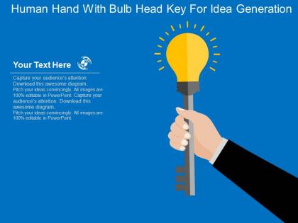 Human hand with bulb head key for idea generation flat powerpoint design