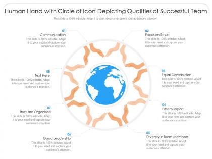 Human hand with circle of icon depicting qualities of successful team