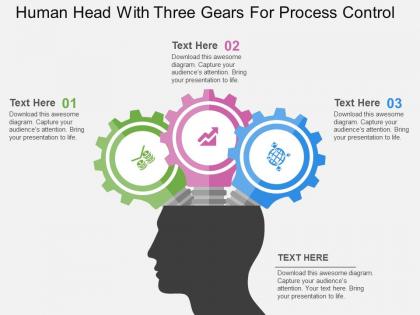 Human head with three gears for process control flat powerpoint design