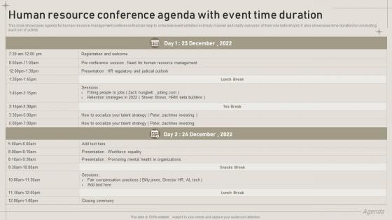 Human Resource Conference Agenda With Event Time Duration