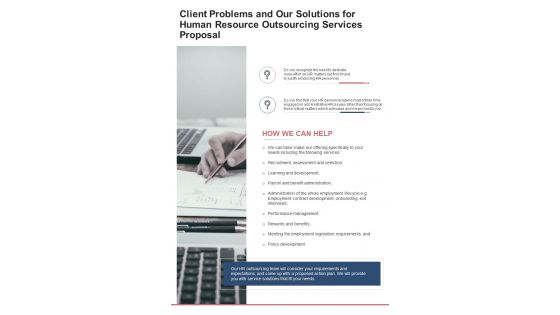 Human Resource Outsourcing For Client Problems And Our Solutions One Pager Sample Example Document