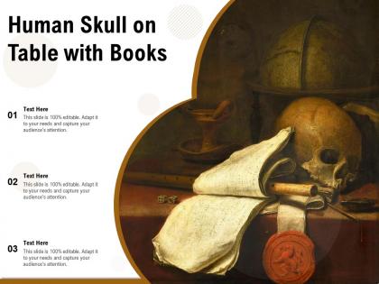 Human skull on table with books