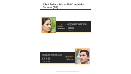 HVAC Installation Client Testimonials For HVAC Installation Services One Pager Sample Example Document