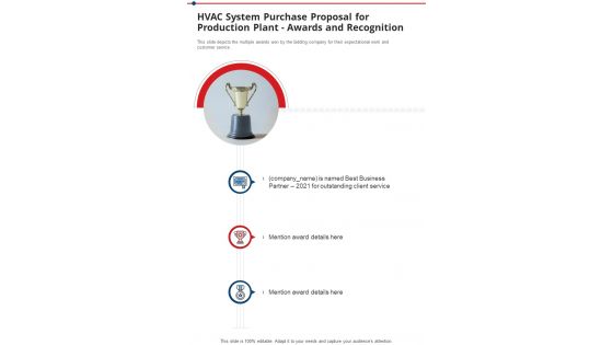 Hvac System Purchase For Production Plant Awards And Recognition One Pager Sample Example Document