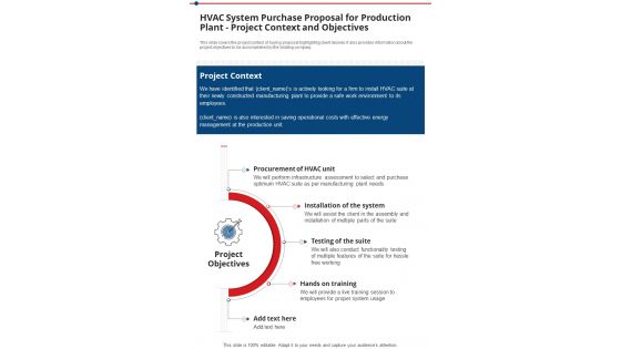 Hvac System Purchase For Production Plant Project Context And Objectives One Pager Sample Example Document
