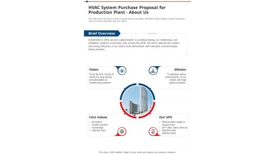 Hvac System Purchase Proposal For Production Plant About Us One Pager Sample Example Document