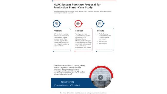 Hvac System Purchase Proposal For Production Plant Case Study One Pager Sample Example Document