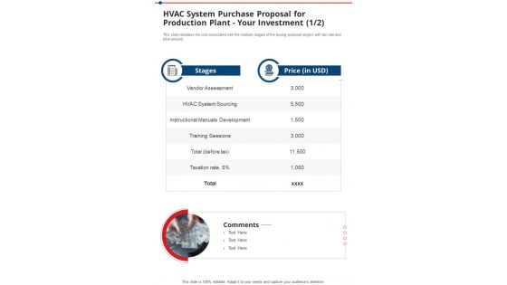 Hvac System Purchase Proposal For Production Plant Your Investment One Pager Sample Example Document