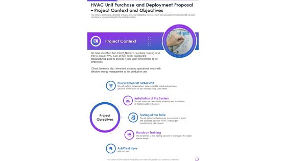 HVAC Unit Purchase And Deployment Project Context And Objectives One Pager Sample Example Document
