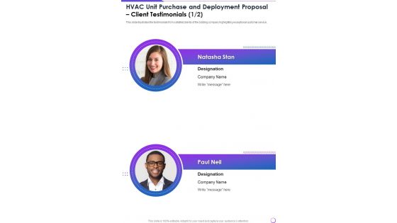 HVAC Unit Purchase And Deployment Proposal Client Testimonials One Pager Sample Example Document