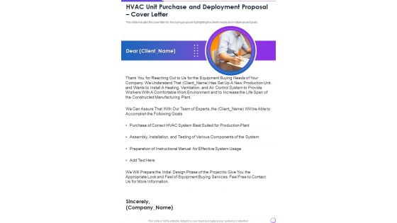 HVAC Unit Purchase And Deployment Proposal Cover Letter One Pager Sample Example Document