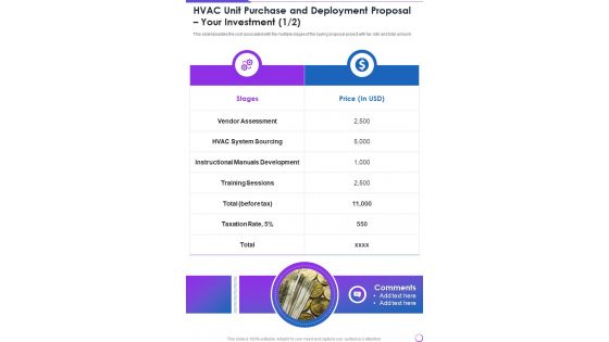 HVAC Unit Purchase And Deployment Proposal Your Investment One Pager Sample Example Document