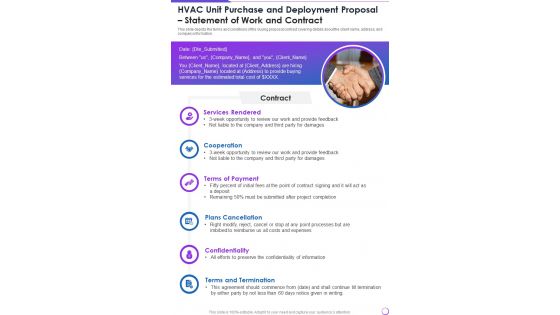 HVAC Unit Purchase And Deployment Statement Of Work And Contract One Pager Sample Example Document