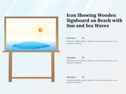 Icon showing wooden signboard on beach with sun and sea waves