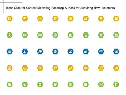 Icons slide for content marketing roadmap and ideas for acquiring new customers