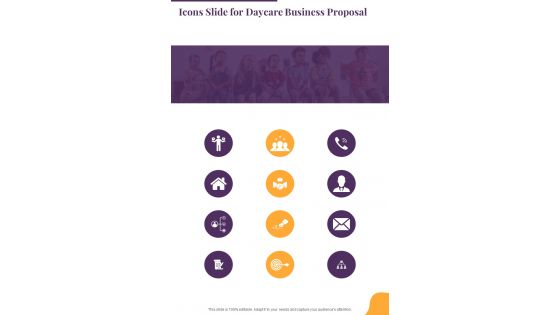 Icons Slide For Daycare Business Proposal One Pager Sample Example Document
