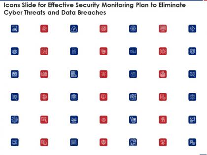 Icons slide for effective security monitoring plan to eliminate cyber threats and data breaches