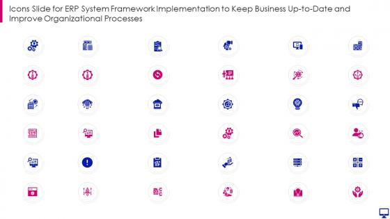 Icons slide for erp system framework implementation business date improve organizational processes
