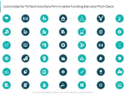 Icons slide for fintech solutions firm investor funding elevator pitch deck