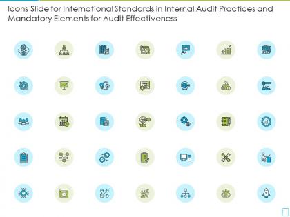 Icons slide for international standards in internal audit practices and mandatory elements for audit effectiveness