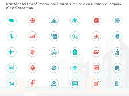 Icons slide for loss of revenue and financials decline in an automobile company case competition ppt aids