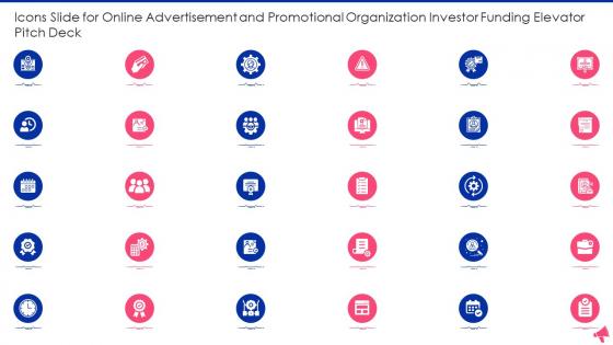 Icons Slide For Online Advertisement And Promotional Organization Investor Funding Elevator