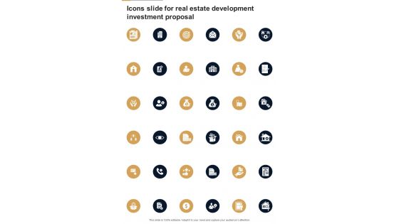 Icons Slide For Real Estate Development Investment Proposal One Pager Sample Example Document