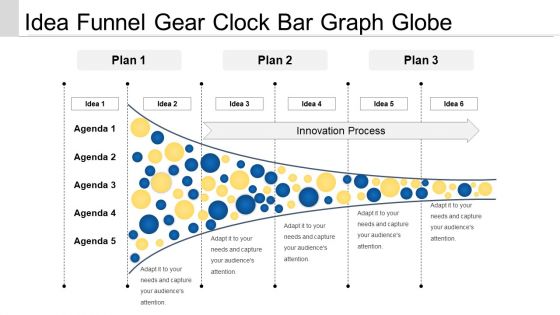 Idea funnel gear clock bar graphs globe