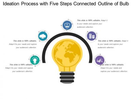 Ideation process with five steps connected outline of bulb