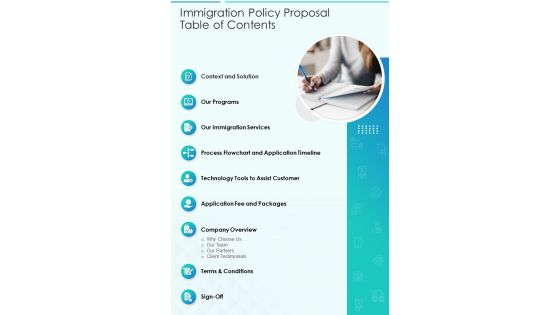 Immigration Policy Proposal Table Of Contents One Pager Sample Example Document