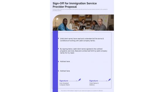 Immigration Service Provider Proposal For Sign Off One Pager Sample Example Document