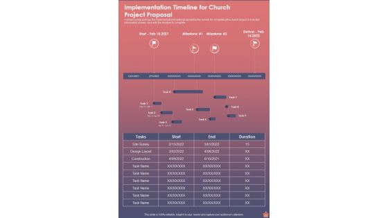 Implementation Timeline For Church Project Proposal One Pager Sample Example Document