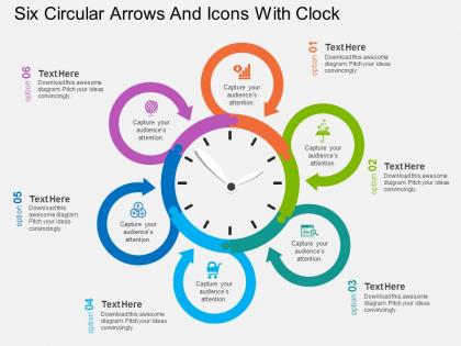 In six circular arrows and icons with clock flat powerpoint design
