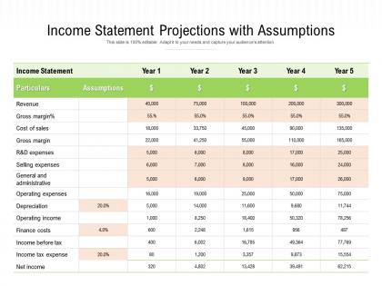 Income statement projections with assumptions