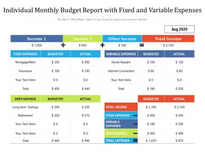 Individual monthly budget report with fixed and variable expenses