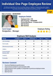 Individual one page employee review presentation report infographic ppt pdf document