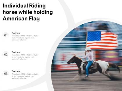 Individual riding horse while holding american flag