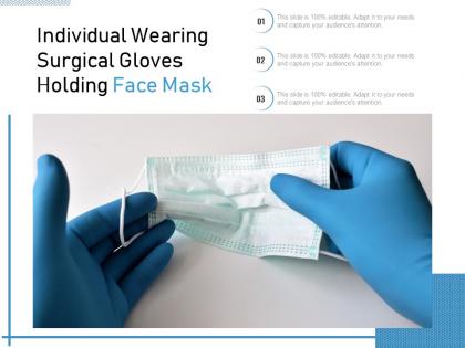Individual wearing surgical gloves holding face mask