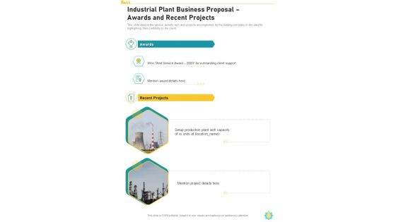 Industrial Plant Business Proposal Awards And Recent Projects One Pager Sample Example Document