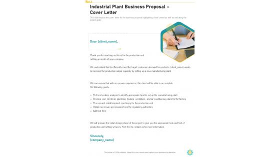 Industrial Plant Business Proposal Cover Letter One Pager Sample Example Document