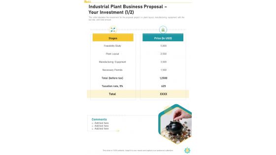 Industrial Plant Business Proposal Your Investment One Pager Sample Example Document