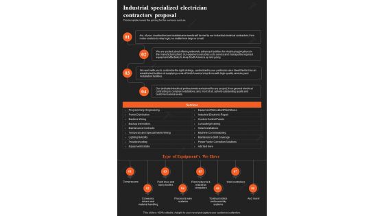 Industrial Specialized Electrician Contractors Proposal One Pager Sample Example Document